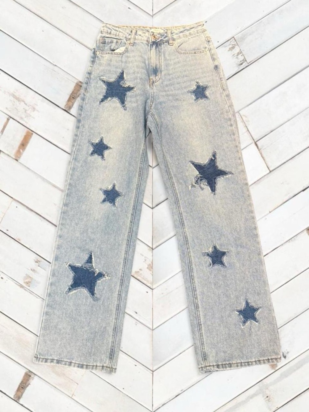 Forever 21 Light Blue Straight Leg Jeans with Dark Star Patches